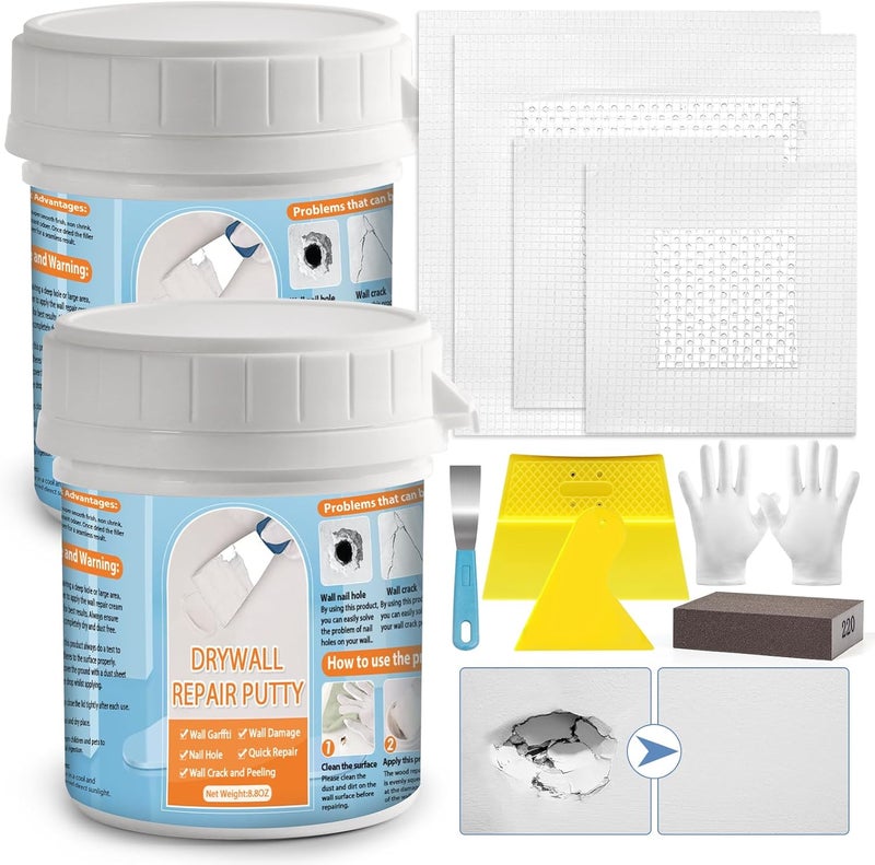LifeisLuck Dry Wall Patch Kits, Aluminum Spackle Wall Repair Patch Kit Fiber Mesh Plate with Scraper, 8.8oz X 2 White Repair Putty Drywall Hole Filler to Fix Wall Surface Holes, Quick Repair Creak Damage - Image 1